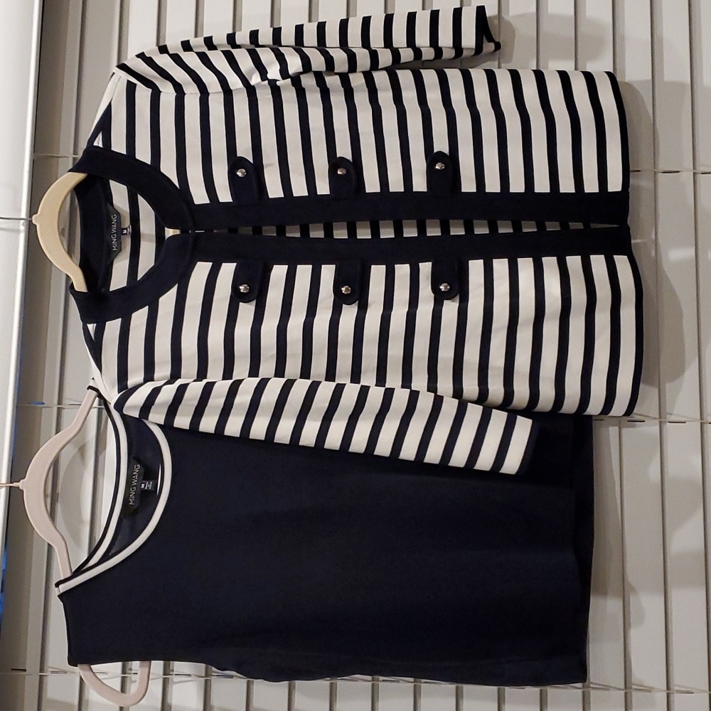 Ming Wang Blur and White Striped Jacket and Top Set